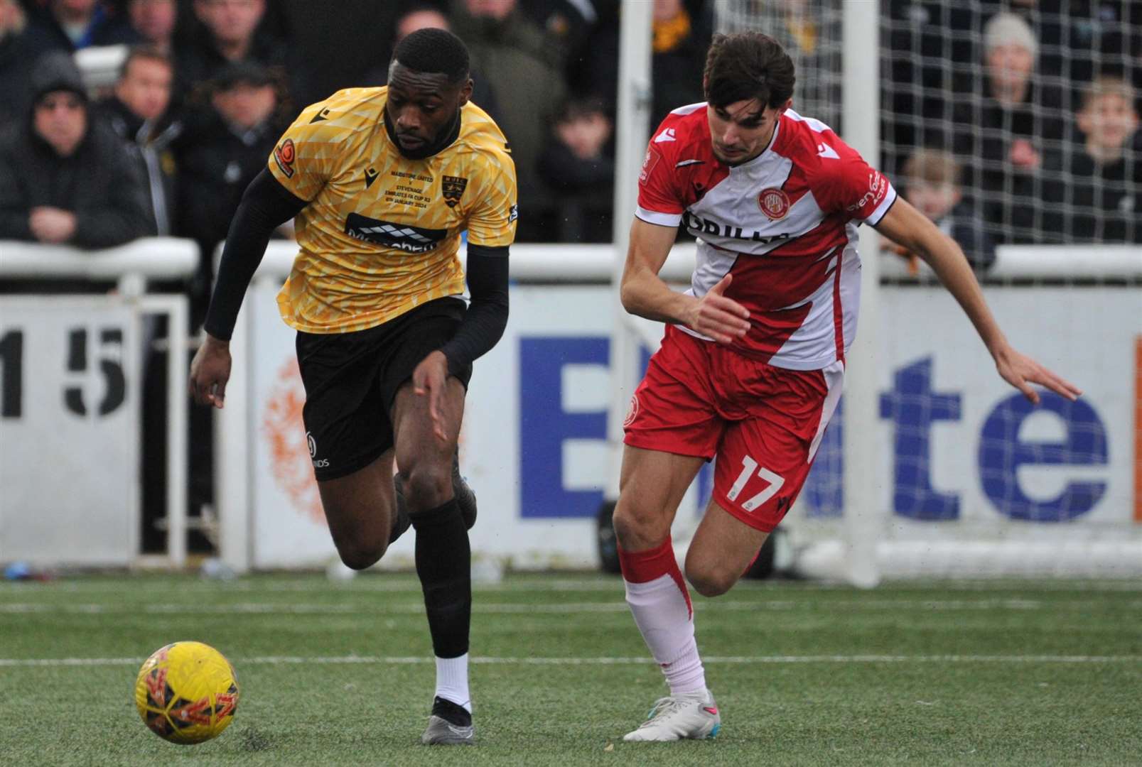 Maidstone’s Paul Appiah carries the ball forward against Stevenage on Saturday. Picture: Steve Terrell