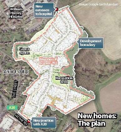 How the Hinxhill Park estate is set to look; the Belway Homes development includes permission for a new entrance at the rear of the William Harvey Hospital