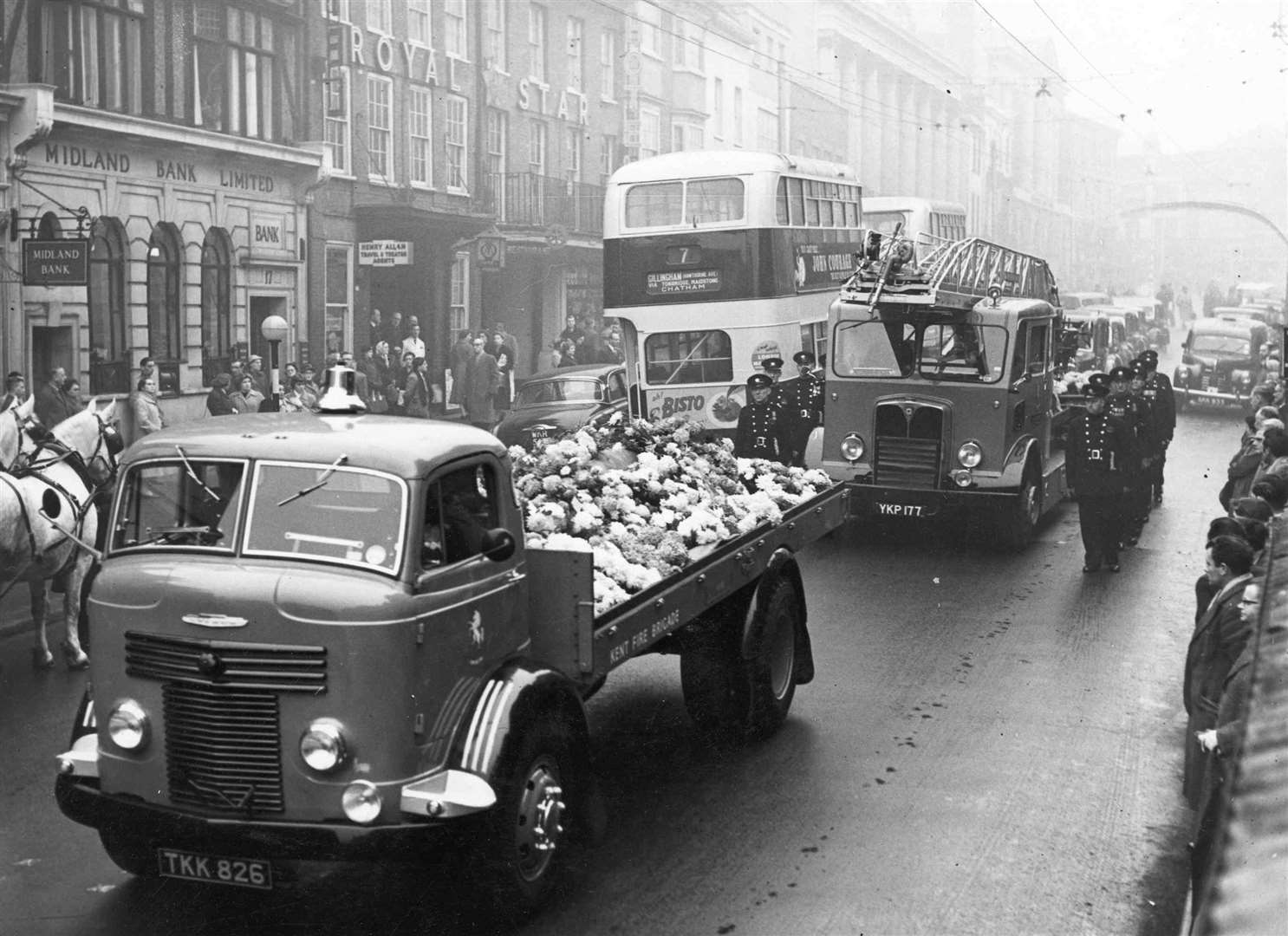 Three firemen were among the six people killed and 15 badly hurt when a 120-foot ventilating shaft collapsed at Oakwood Hospital in Maidstone in the early hours of November 29, 1957. The tower collapse came after a fire broke out at the mental hospital. Some 350 patients were evacuated. Pictured is the funeral procession through the town