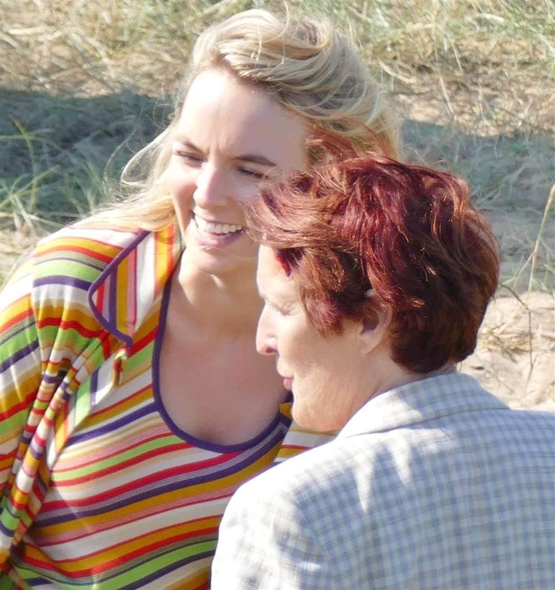 Jodie Comer and Fiona Shaw share a laugh while filming Killing Eve in Cliftonville, Margate. Picture: Frank Leppard Photography