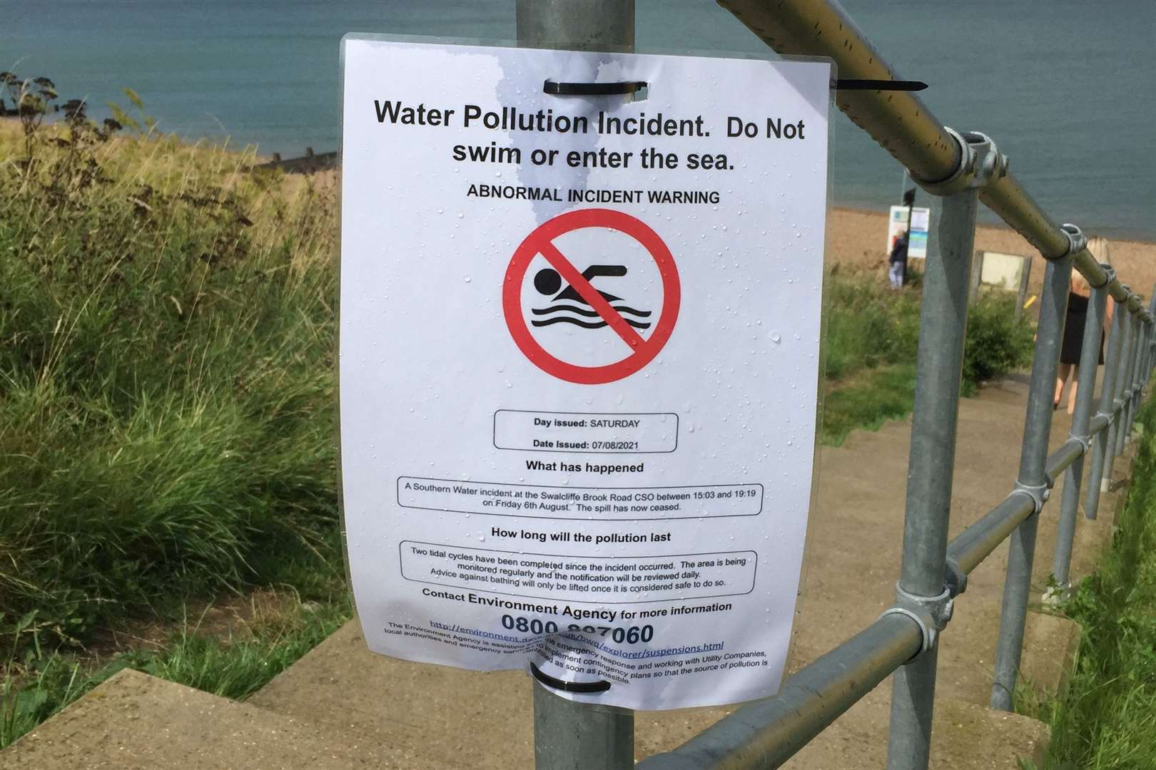 Do not swim signs at Tankerton during a bout of sea pollution