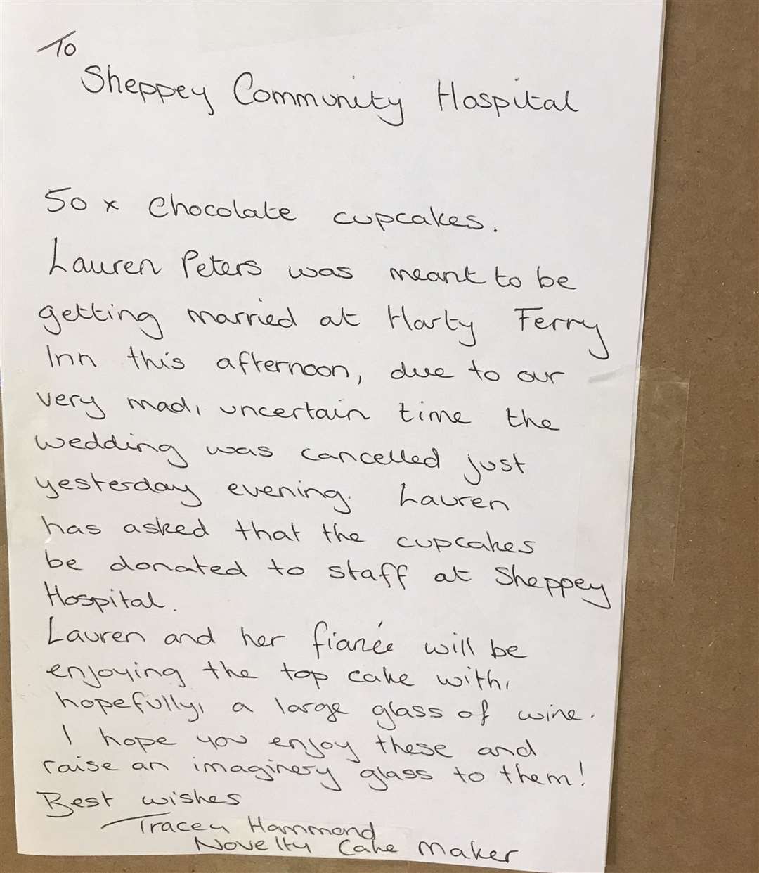 Cake maker Tracey Hammond dropped off the cupcakes at Sheppey Community Hospital this morning with a note