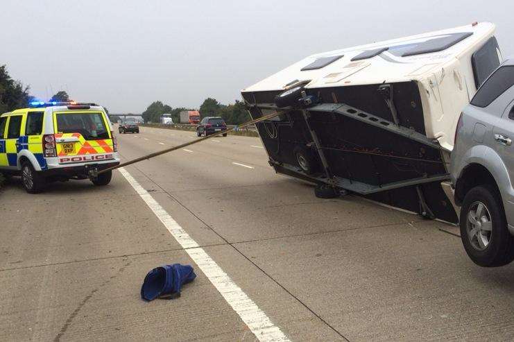 A caravan overturned on the M20. Picture: Kent Police Roads Unit