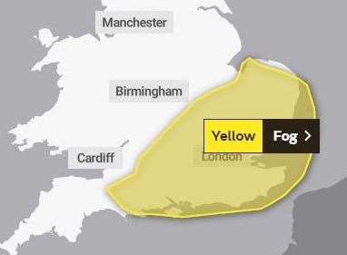 A yellow fog warning will be in place across south-east England on Monday morning. Picture: Met Office