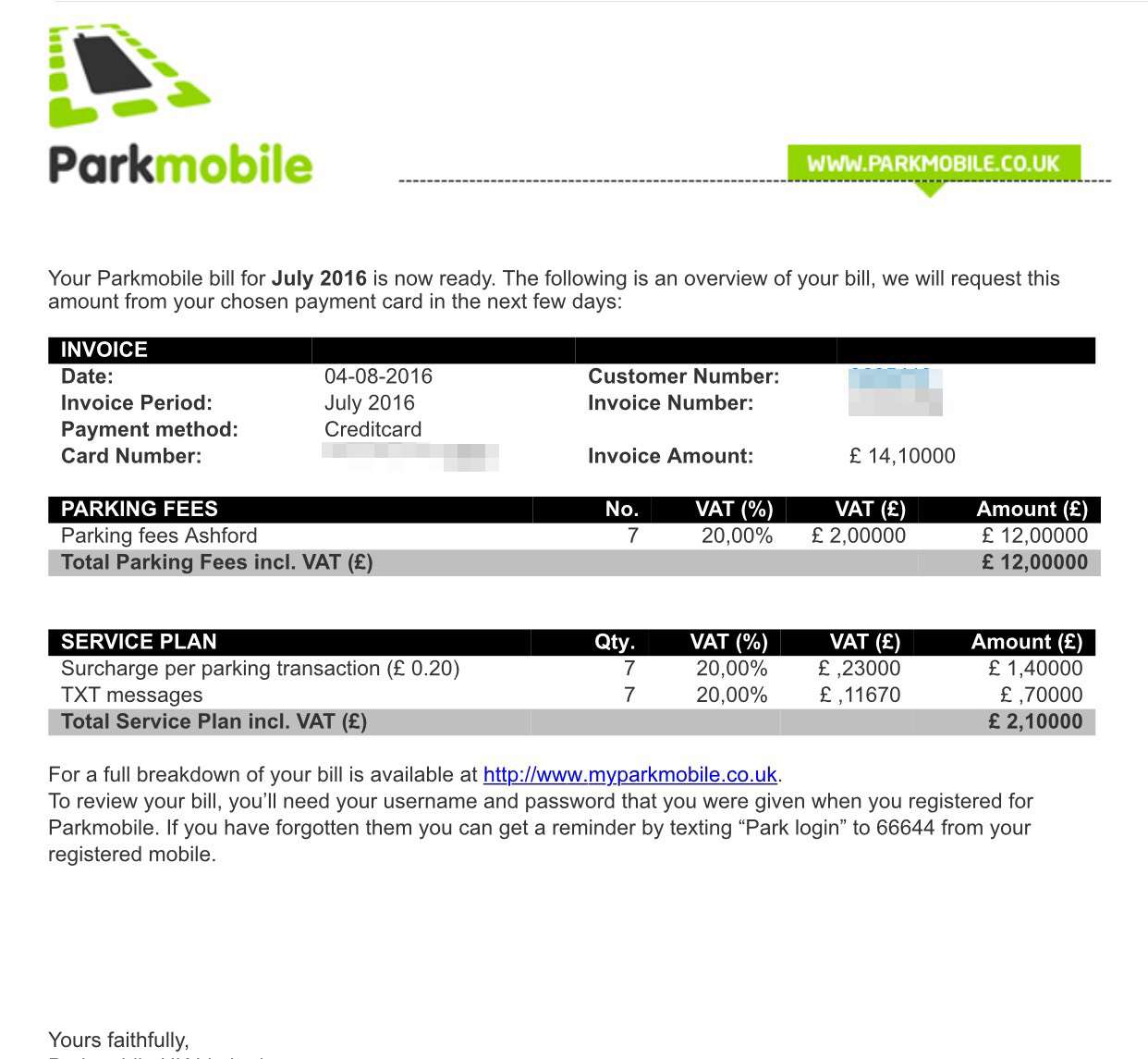 The Parkmobile invoice
