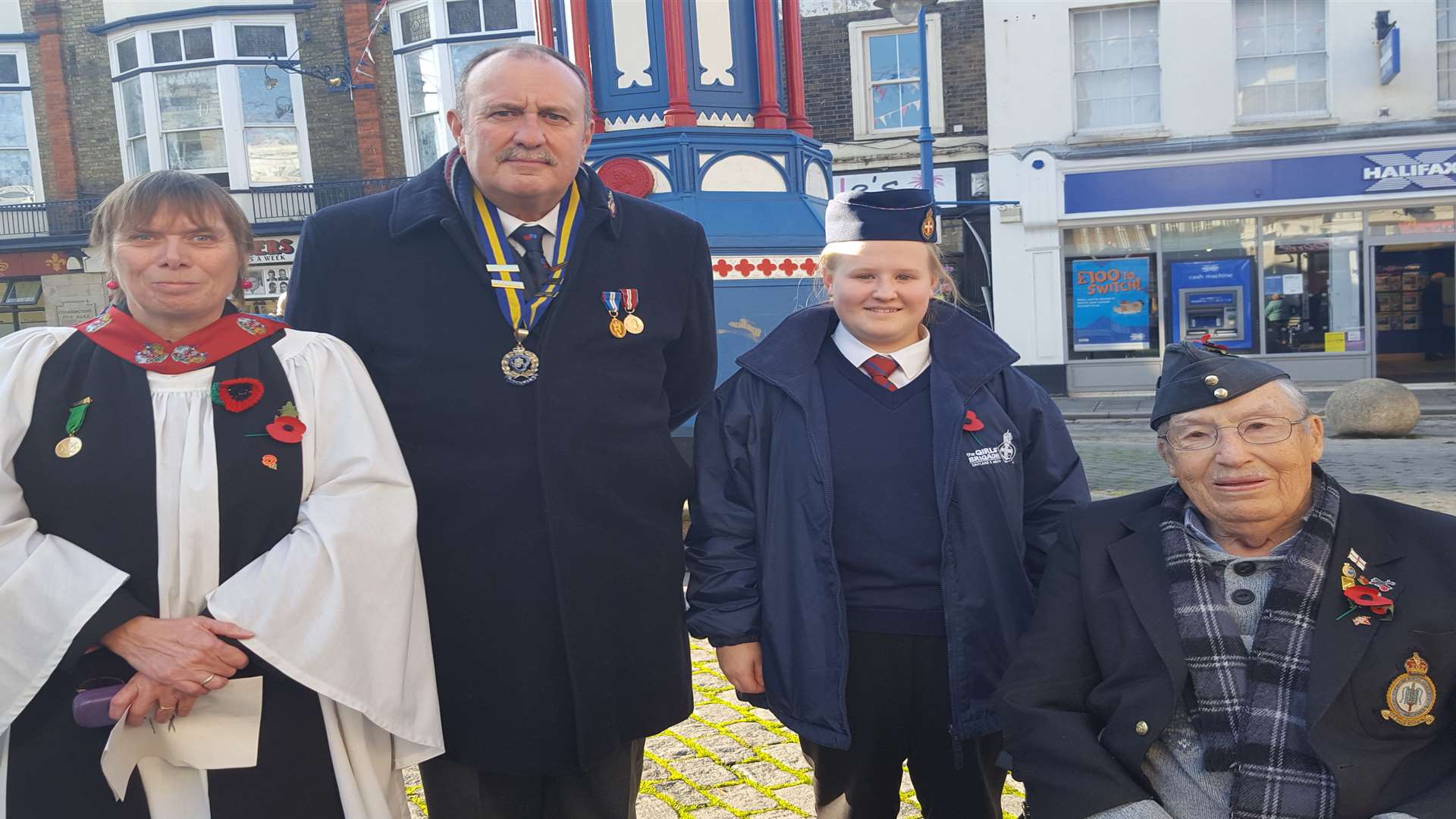 Town centre chaplain Jeanette McLaren, Ian Goodwin, of the Sheppey branch of the Royal British Legion, bugler Emily Collins, 16, of the girls' brigade and RAF veteran Ernie Hope, 86, ahead of the November 11 service at the clocktower, Sheerness