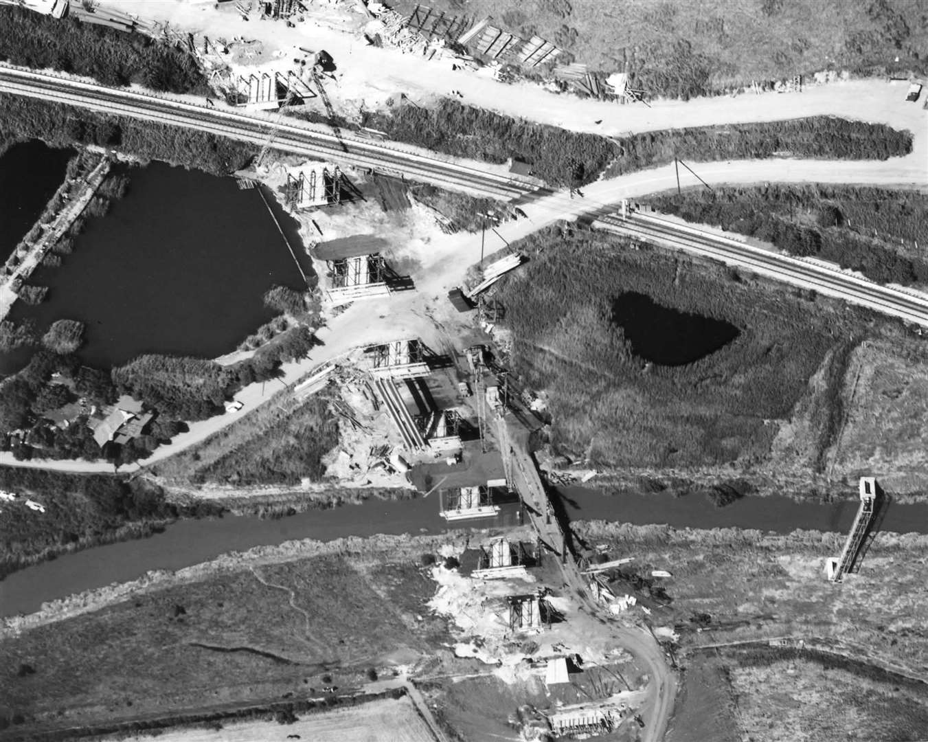 An aerial view looking north of the main viaduct structure on the £3.6 million Sandwich bypass, which is being built here in 1979