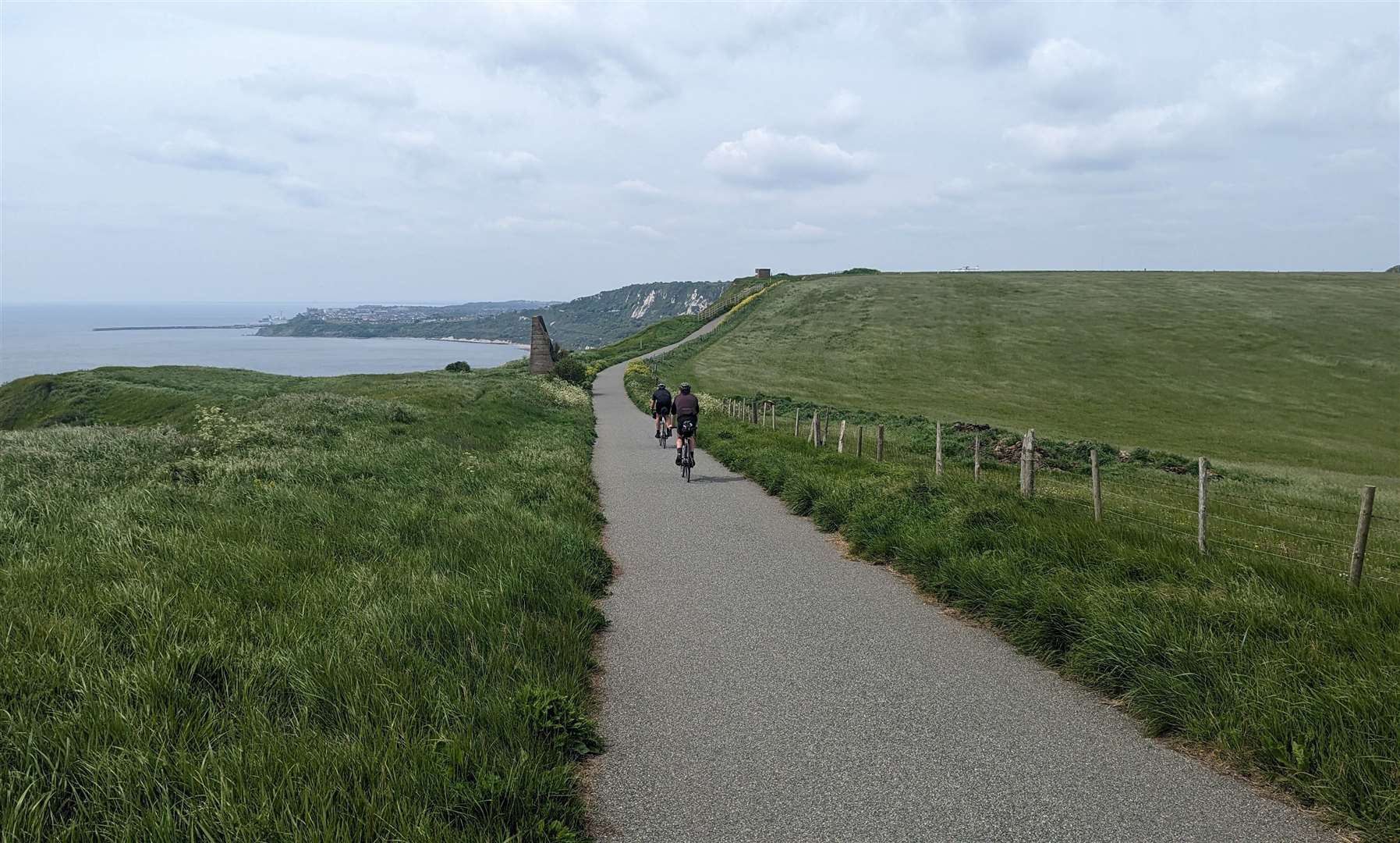 Cyclists on the clifftop cycle path between Folkestone and Dover