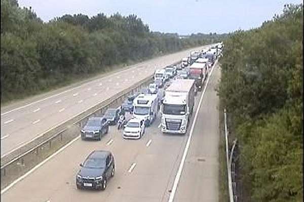 Still taken from motorway camera shows traffic build up at Junction 9 at 9.30am this morning.