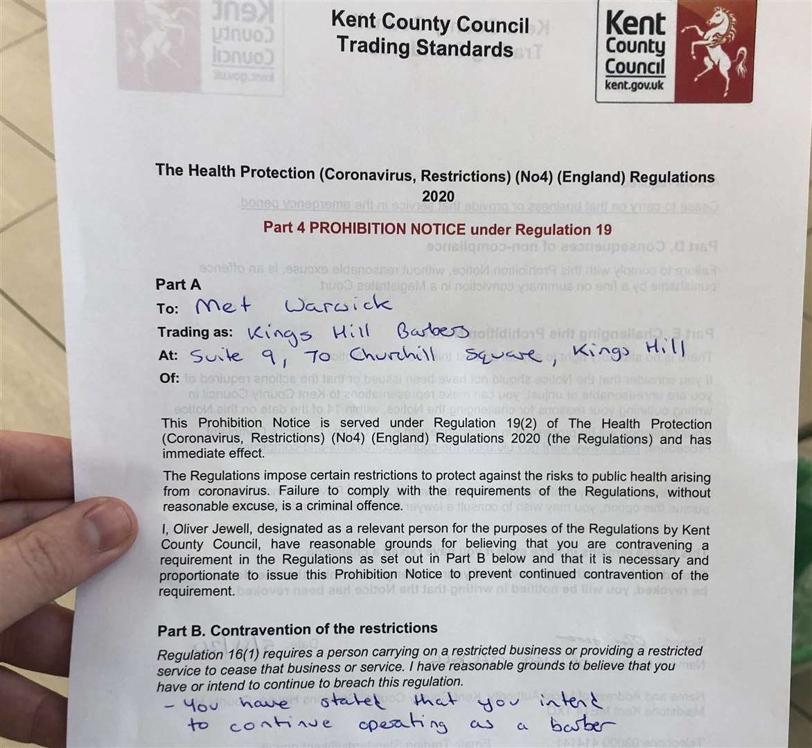 The notice served to Met Warwick by Kent County Council