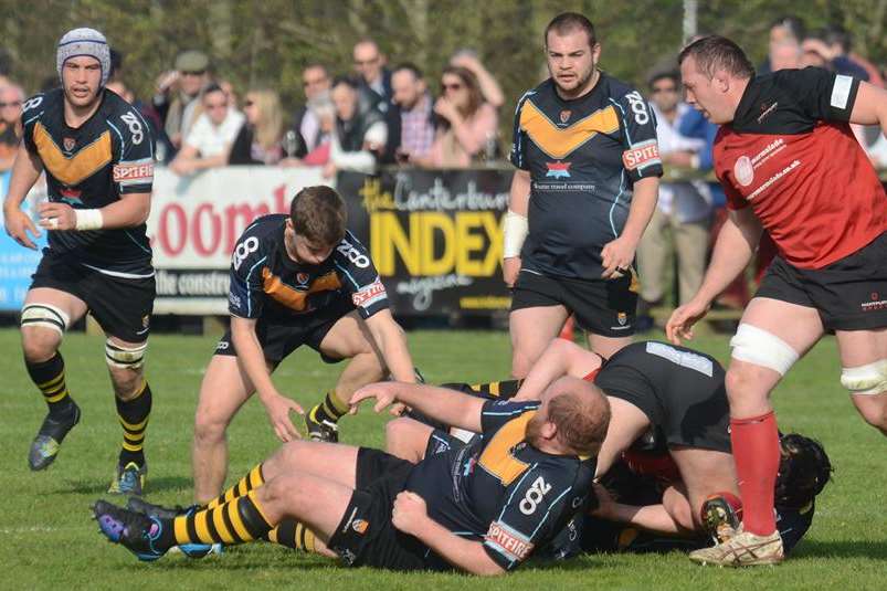 Canterbury (black and amber) take-on Hartpury in National 2 South.