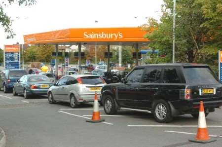 Long queues forming as motorists wait to fill up at a garage at Northfleet
