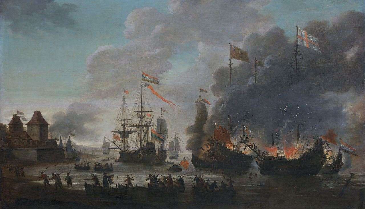 The Dutch burning English ships at Chatham in June 1667. Painting by Jan van Leyden