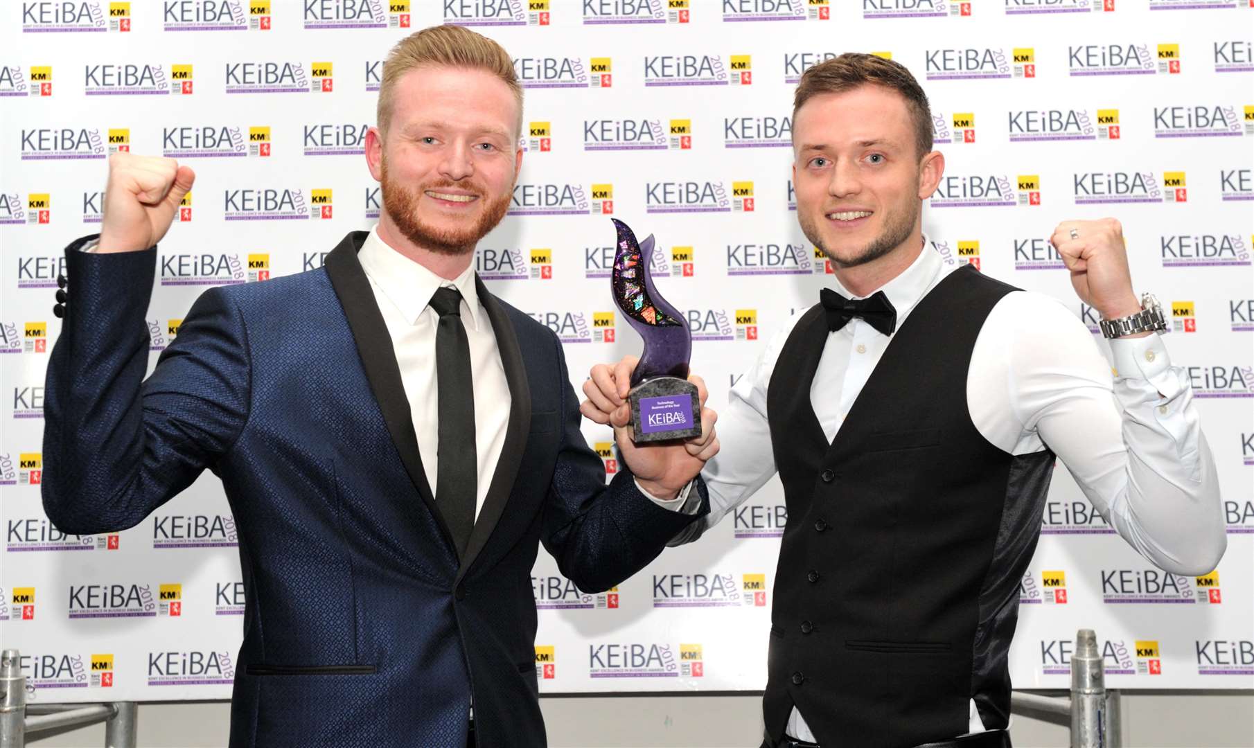 Jason Smith and Andy Smith of Bedfont Scientific celebrate winning Technology Business of the Year at the 2018 KEiBAs. Picture: Simon Hildrew (7333647)