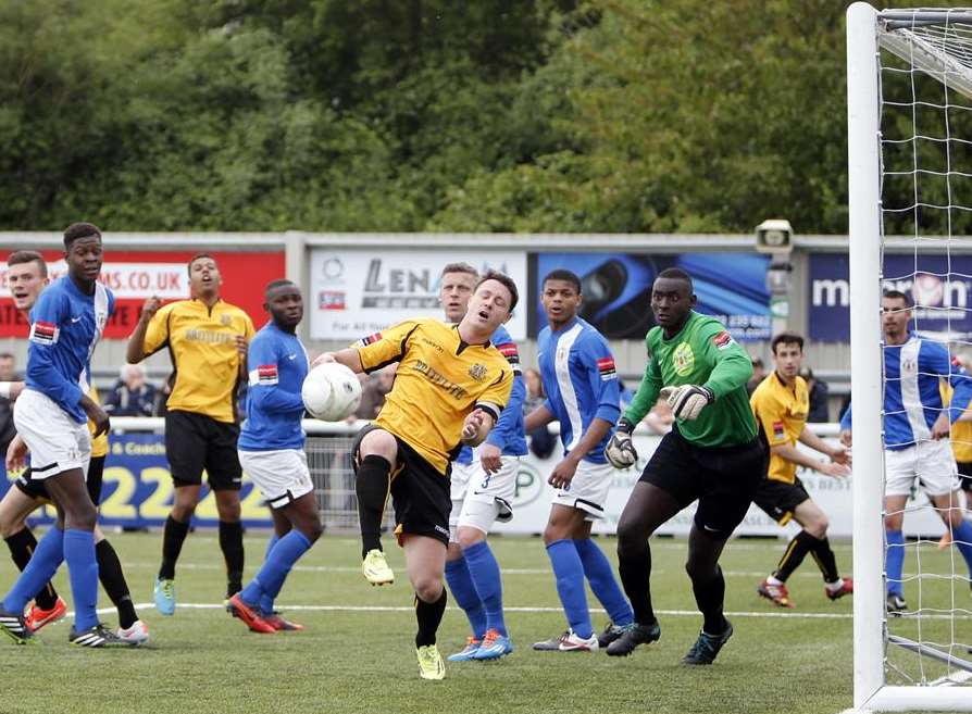 Frannie Collin can't convert this chance for Maidstone against Grays Picture: Matthew Walker