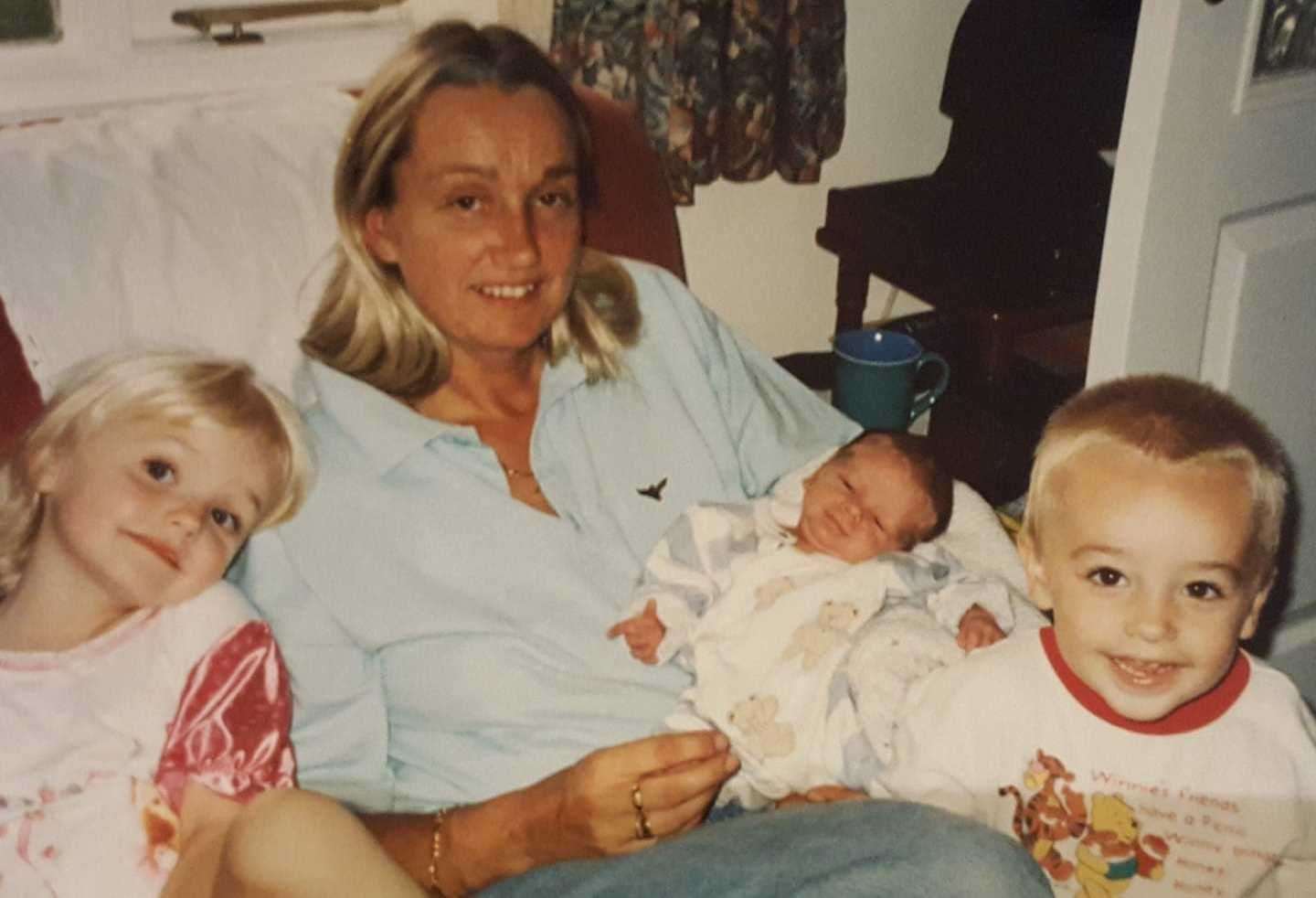 Rosie age 4, mum Melanie with baby Joe and Sam age 2. Picture taken in 1998