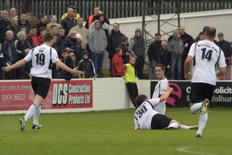 Lee Noble, second right, celebrates his opener (Pic: Andy Payton)