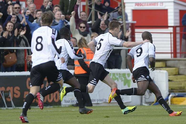Dover celebrate after Nathan Elder, No.9, scores what was the winner against Ebbsfleet in the play-off final. Picture: Andy Payton