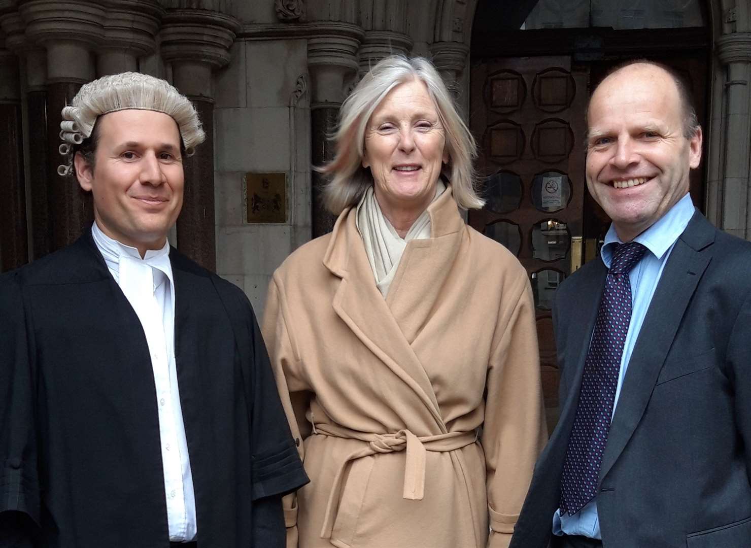 Joanna Thomson and legal representatives earlier this year. From left Daniel Piccinin of the legal firm Brick Court Chambers, Mrs Thomson, Paul Taylor of Richard Buxton Ltd (solicitors). Picture courtesy of Goodwin Sands SOS