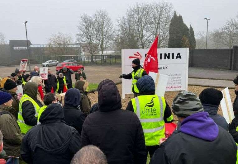 Striking workers on the Unite picket line at Phinia factory in Gillingham