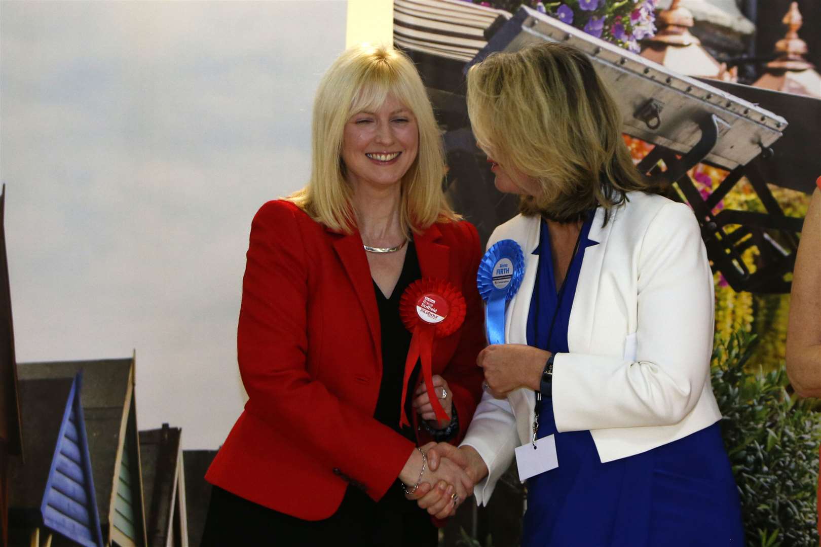 Rosie Duffield shakes hands with Conservative rival Anna Firth after winning the seat for Labour for the second time in two years (Picture: Andy Jones)
