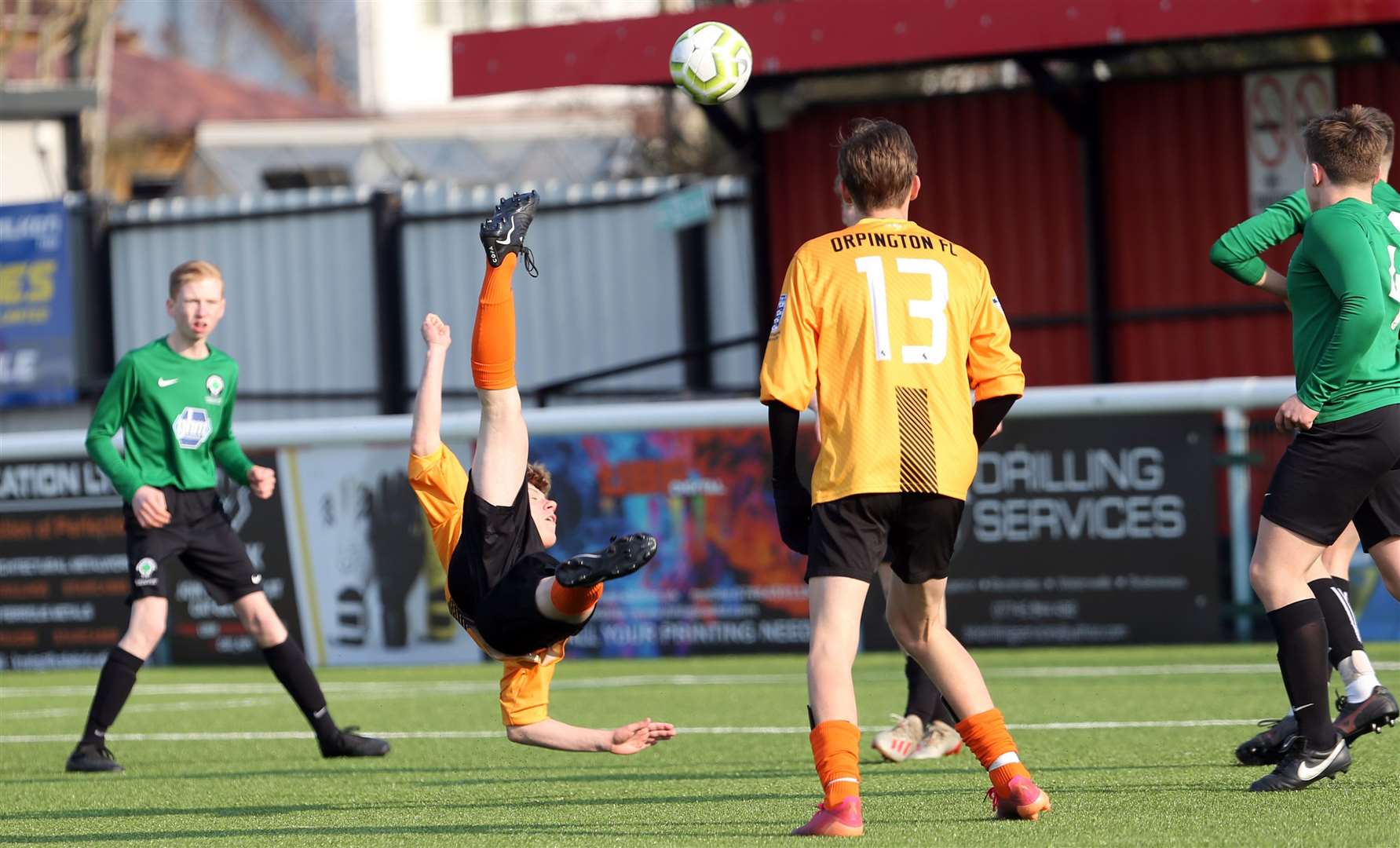 Orpington Mustangs under-15s go close with an overhead kick. Picture: PSP Images