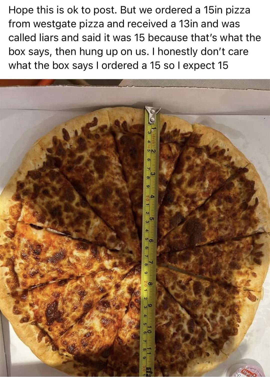 The original post on Facebook blasting the size of the pizza