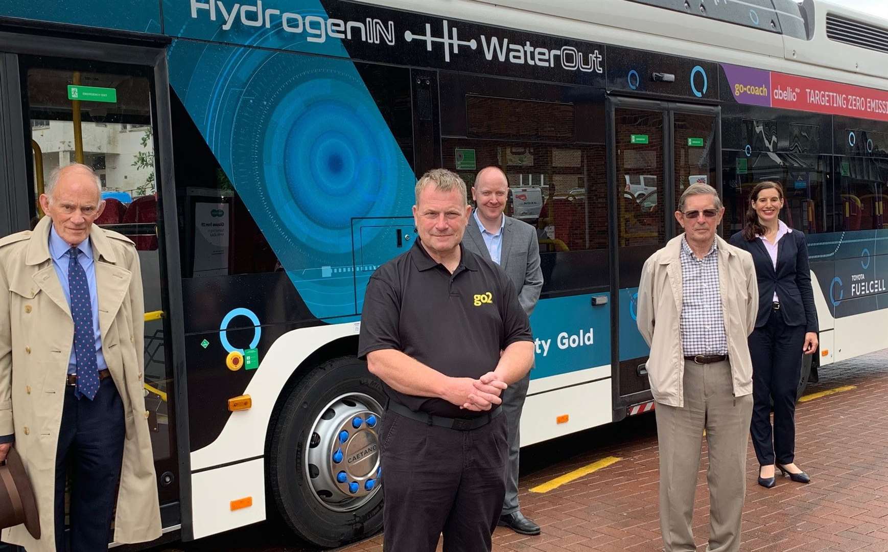 L-R: KCC's cabinet member for highways and transport, David Brazier, joins Austin Blackburn, of Go Coach, Abellio's Alastair Willis, cllr Brian Garden and KCC transport manager Jacqui Elliott at the launch of the hydrogen bus trial today, June 17 Picture: Kent County Council