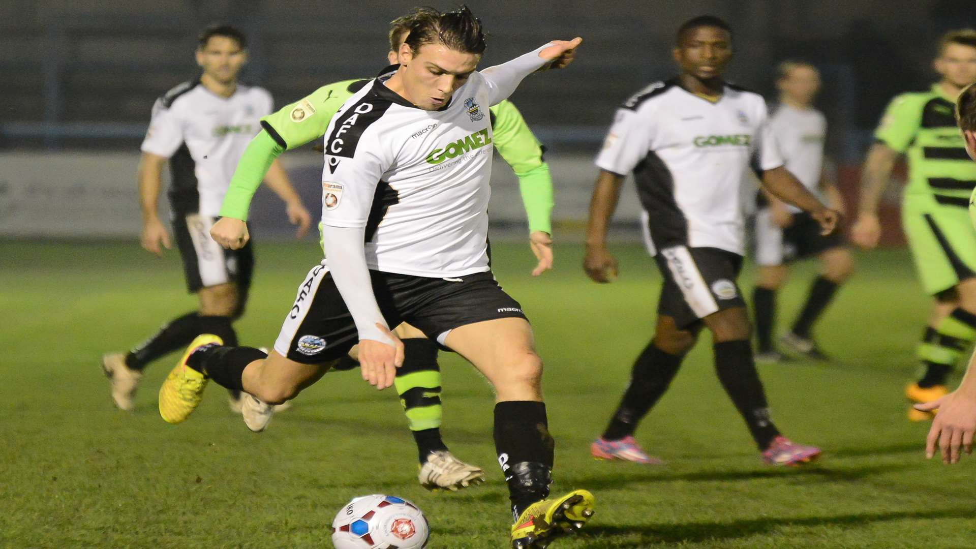 Liam Bellamy in action for Dover in the Vanarama Conference clash with Forest Green Rovers earlier this season