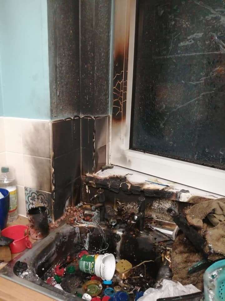 Blasted: the remains of the kitchen after the grenade which Jodie Crews found on a Deal beach exploded. Picture: Jodie Crews