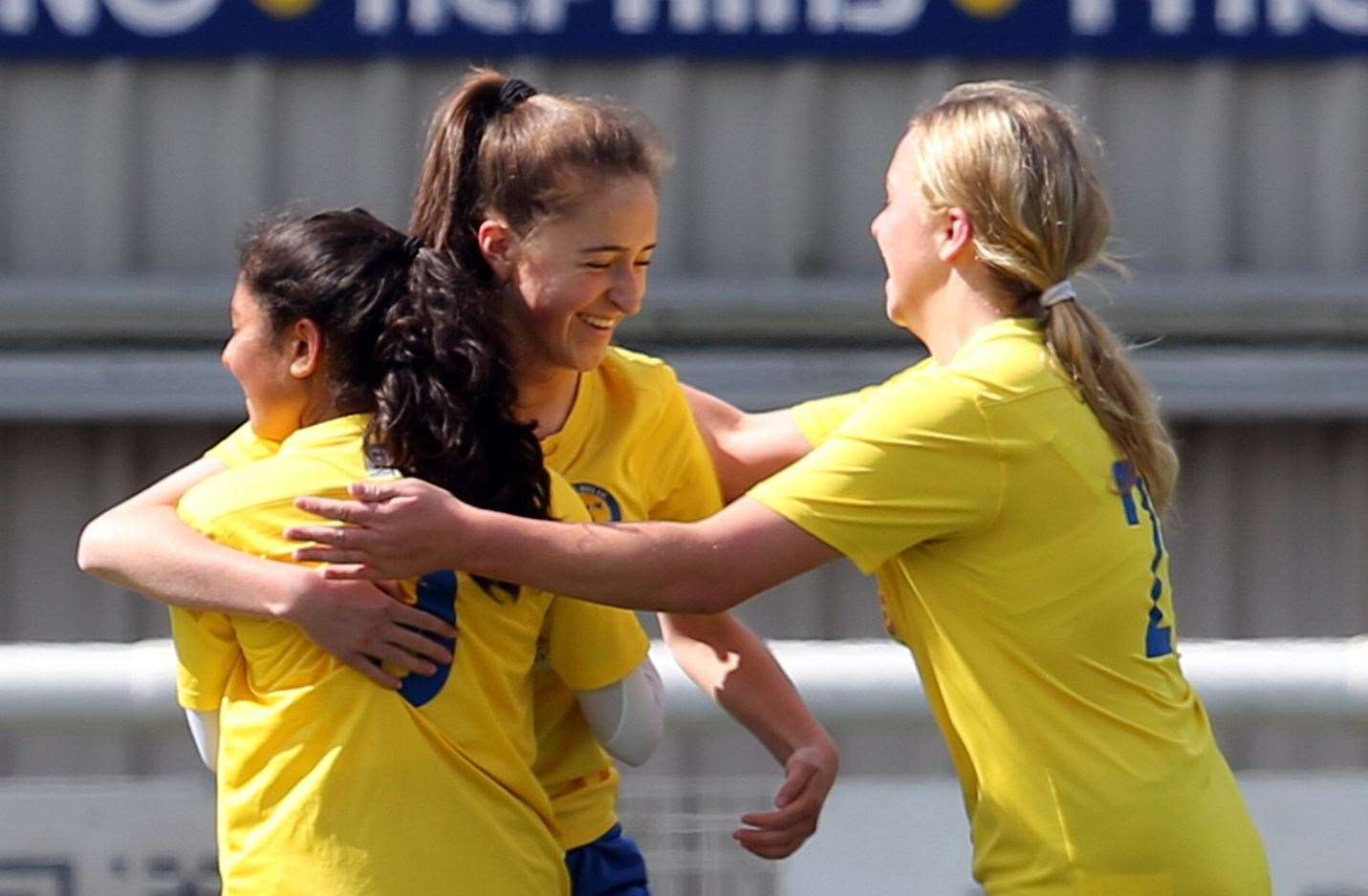 Kings Hill celebrate the opening goal in the Kent Merit Under-15 girls cup final. Picture: PSP Images
