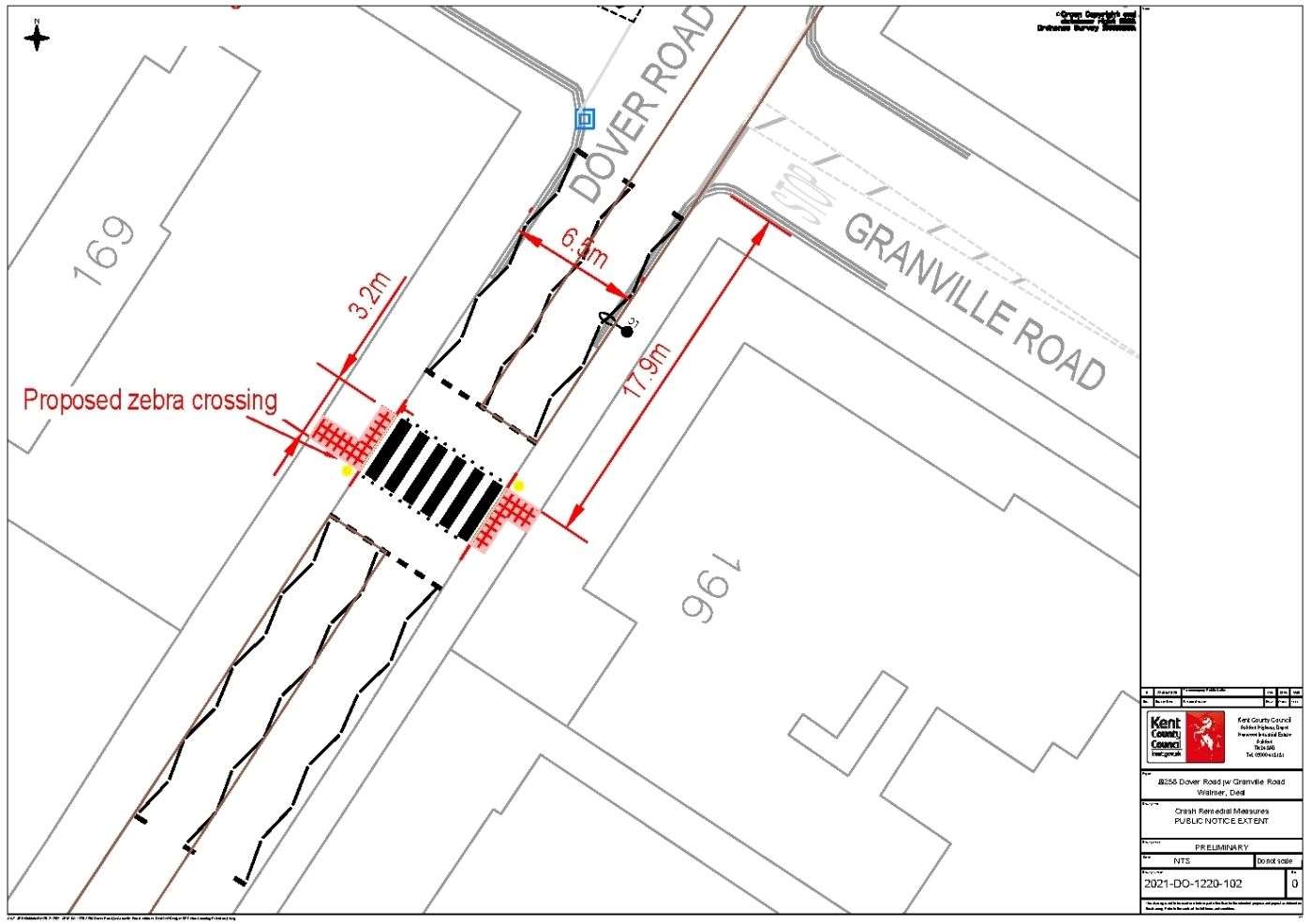 The location of the proposed zebra crossing on a drawing by Kent County Council
