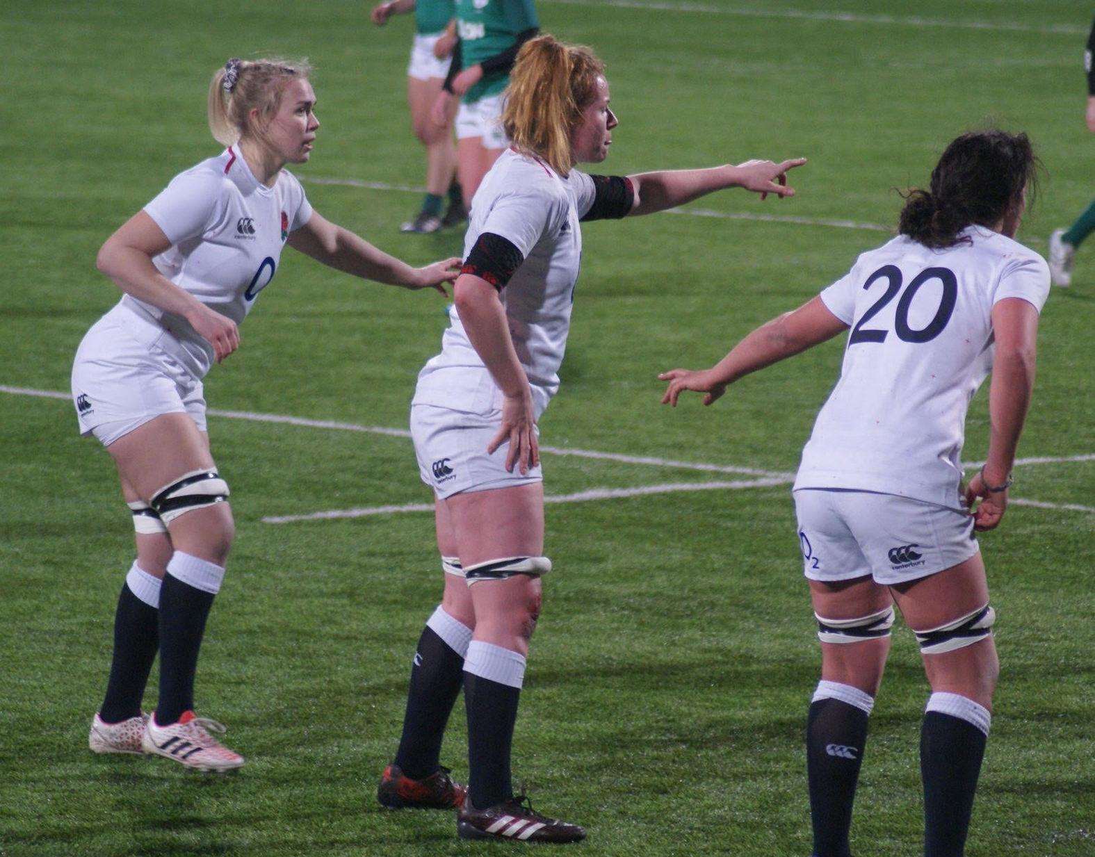 Rosie Galligan, far left, and her England team-mates keep their concentration in their Six Nations clash against Ireland earlier this month