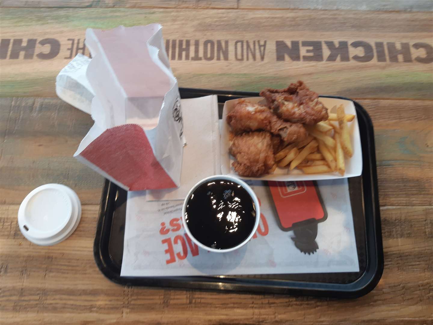 My KFC meal, three pieces of chicken and chips and a Pepsi. Picture: Sam Lennon KMG