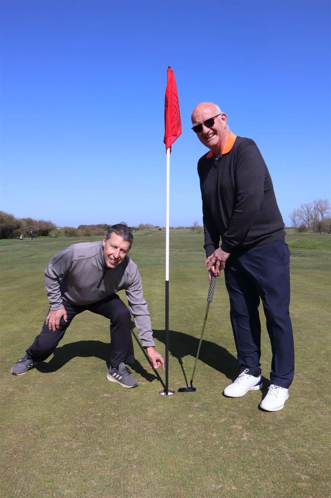 Paul Onslow, left, and Ray Seager were among the first to return to the greens at Sheerness Golf Club on Monday after Covid-19 lockdown restrictions were eased
