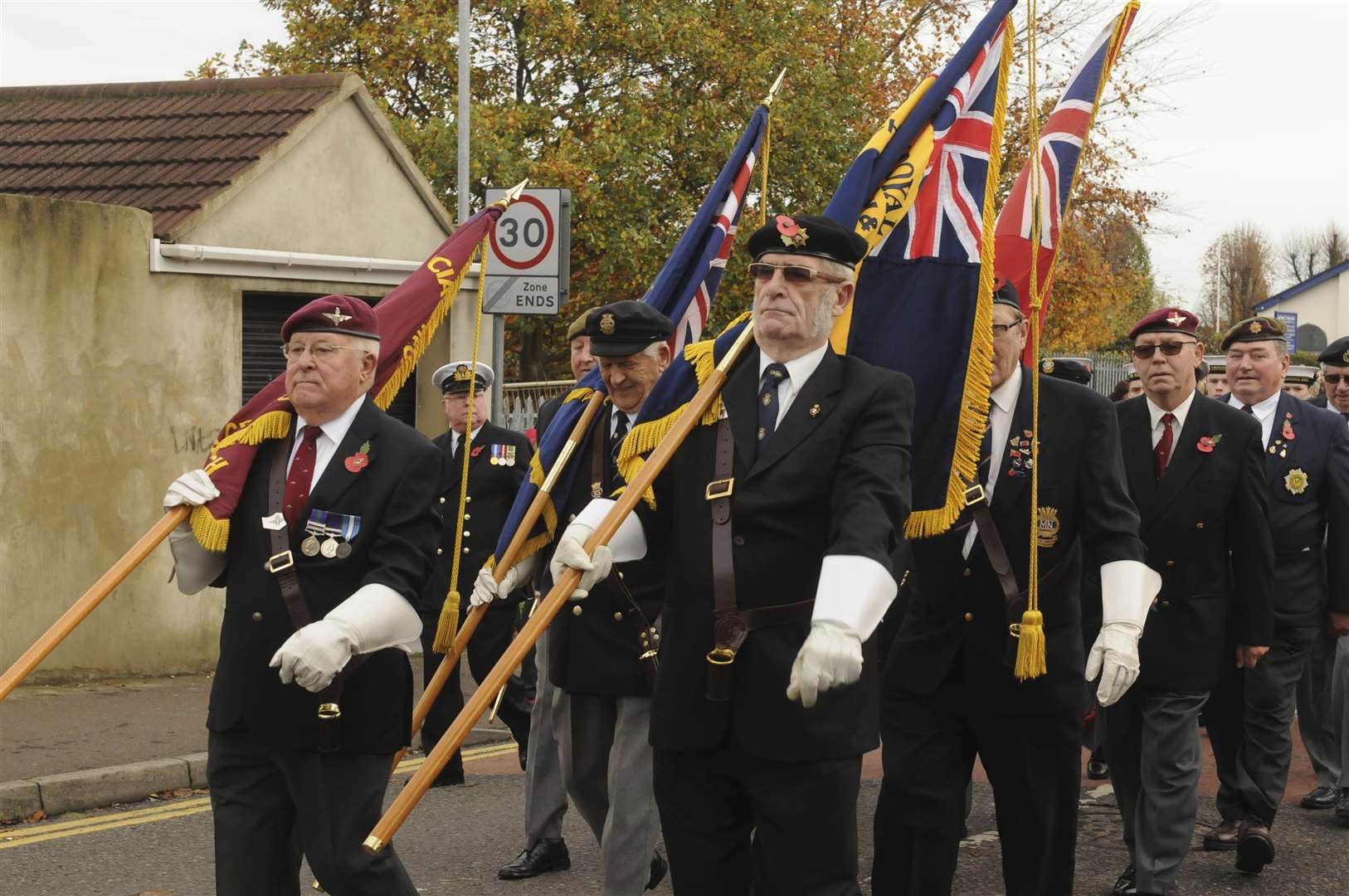 Veterans march in a Remembrance Sunday parade leaving from Trinity Road, after a service at Windmill Hill, Gravesend
