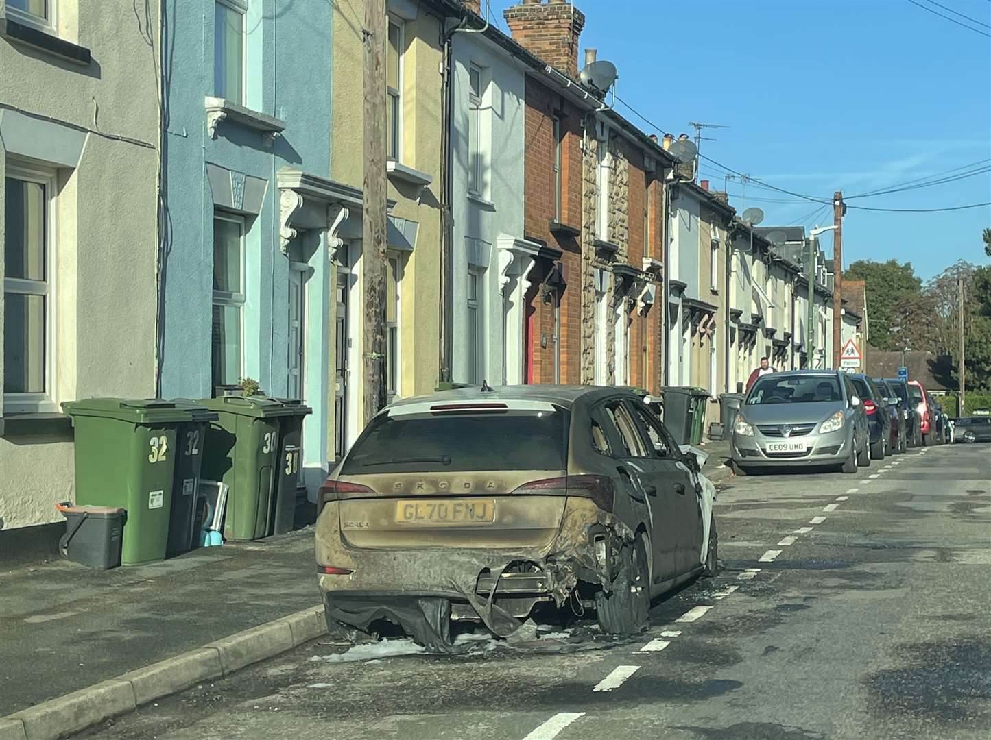 Wreck of the burned out car in Gladstone Road, Maidstone