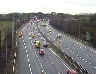 One lane on the exit slip road at J4 of the M2 for Gillingham remains closed after a fuel spill. Picture: Traffic England