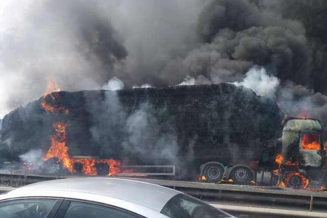 The lorry on fire on the M2. Picture: Ryan Donnelly