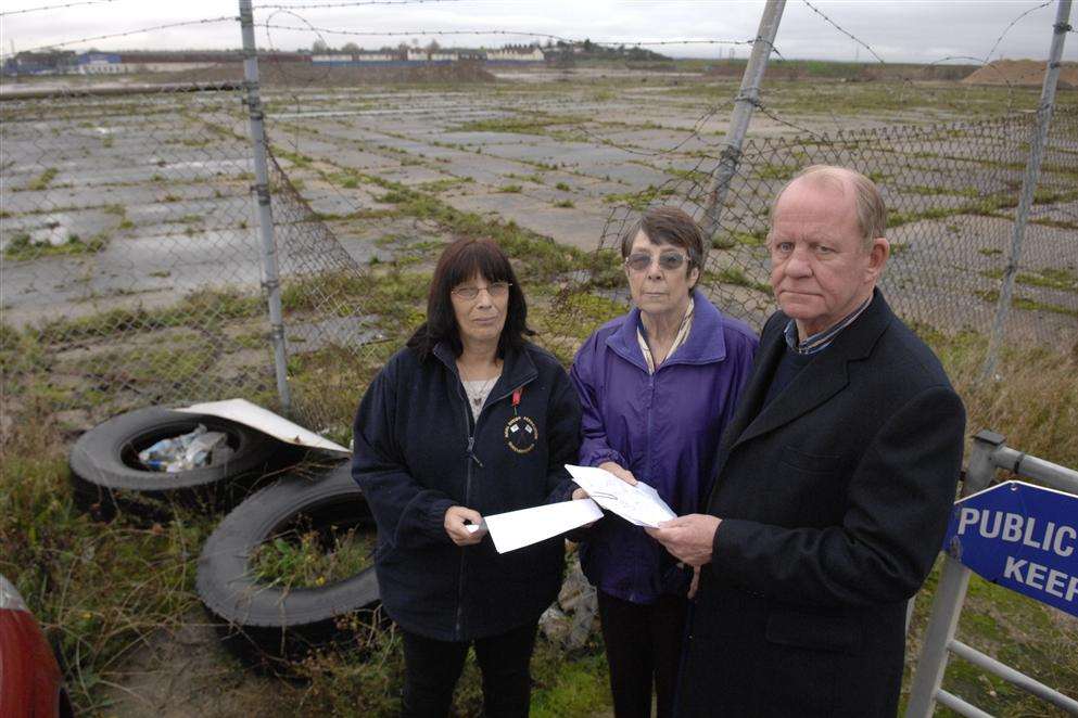 Queenborough town councillors Janet Flew and Joy Christmas with Deputy Mayor Cllr Alan Phillips at the proposed site of a waste recycling plant in Rushenden Road