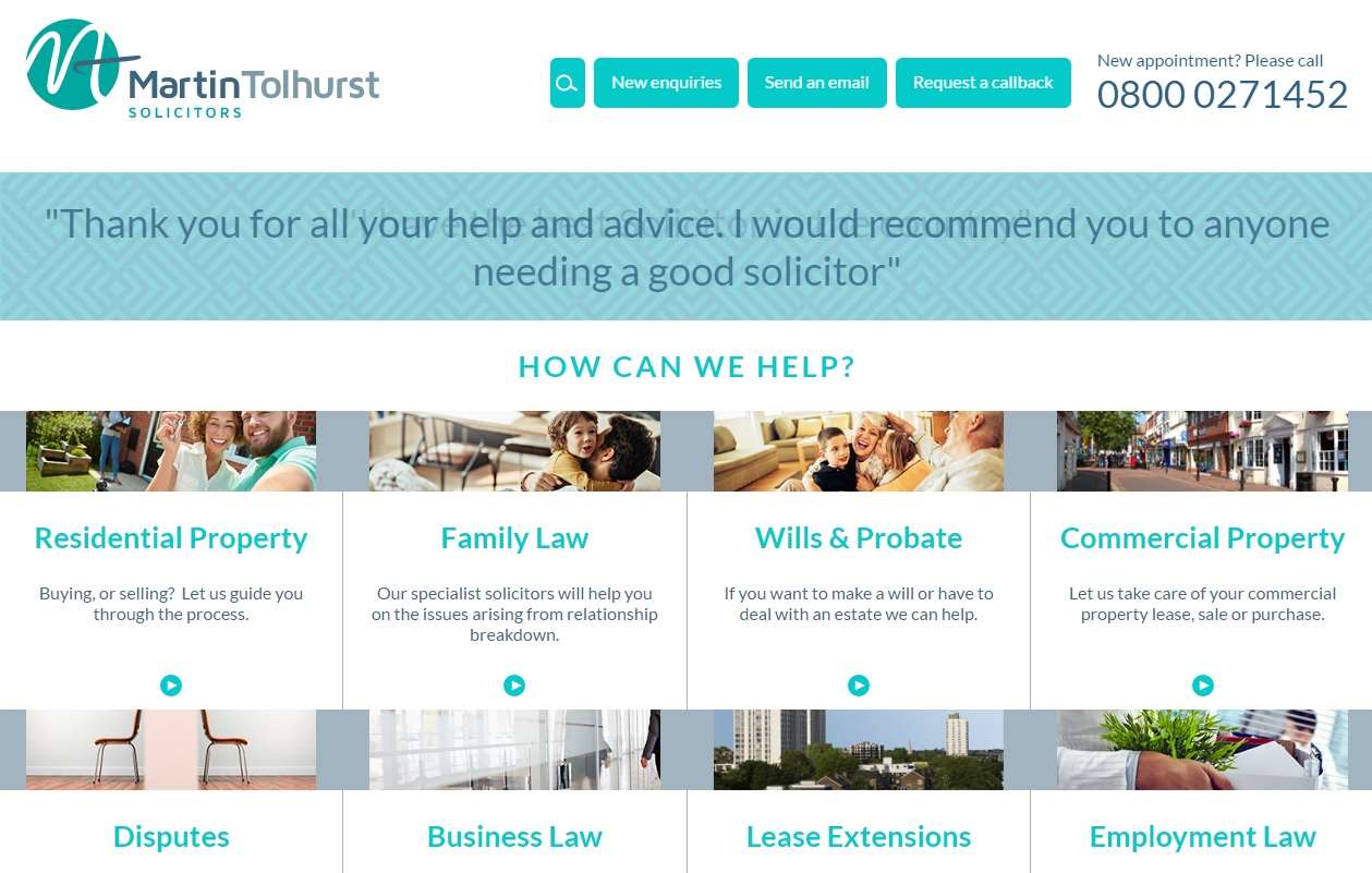 The new Martin Tolhurst Solicitors website with its updated branding