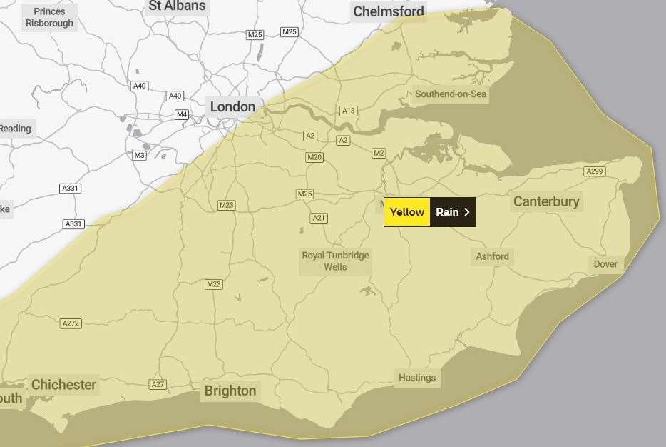 A yellow weather warning for rain has been issued for Kent. Picture: Met Office