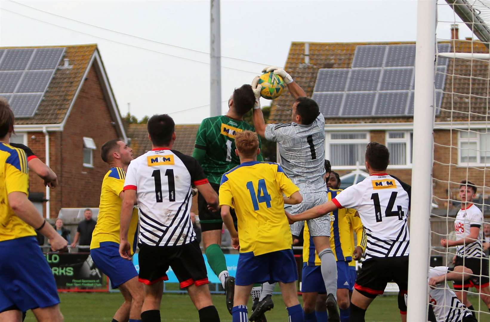 Deal keeper Henry Newcombe just fails to connect with a header deep into injury time. Picture: Paul Willmott