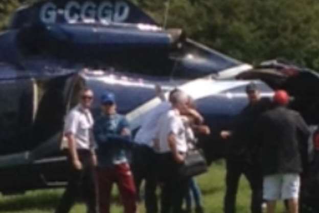 Avengers actor Robert Downey Jr getting out of a helicopter near Dover Castle. Picture: Kimberley Ferris