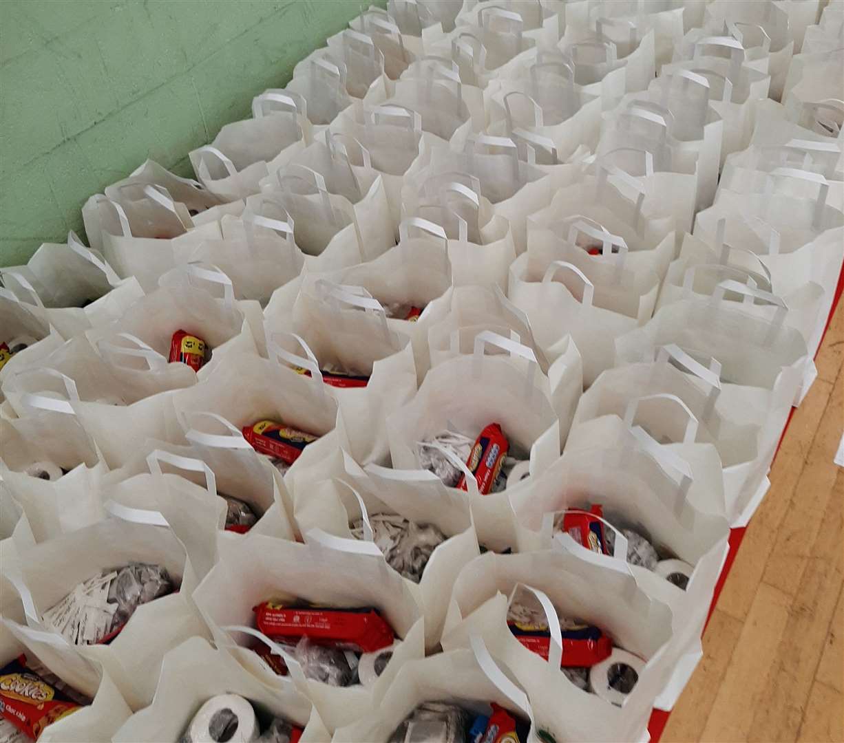 Bags containing essentials lined up at Canterbury City Council's new 'community hub'. Picture: Canterbury City Council