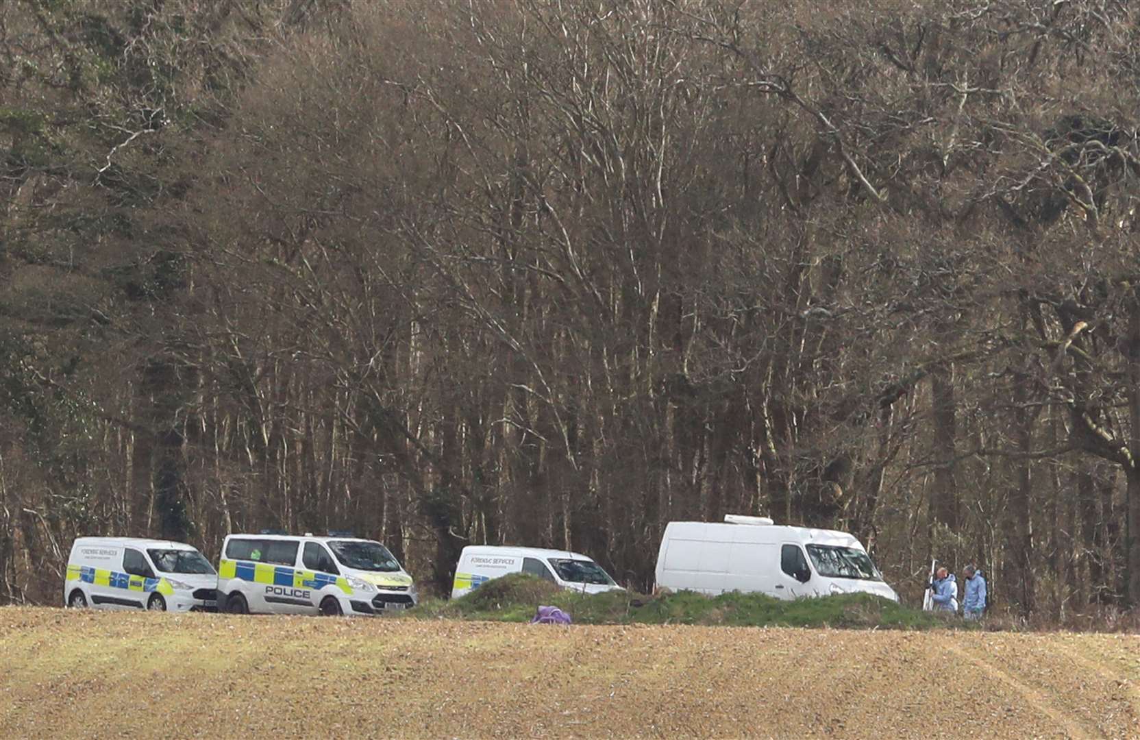 Forensic officers conduct a search in an area of woodland in Ashford (Gareth Fuller/PA)