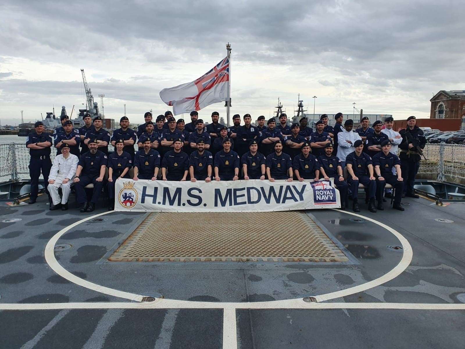The crew of HMS Medway pose poised for their first mission. Picture: HMS Medway/Twittter