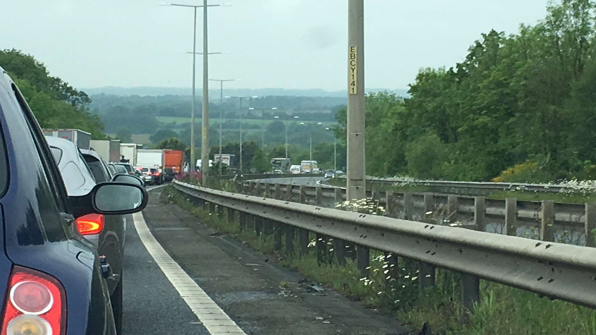 Traffic is queuing on the A2 and M2 approaching Brenley Corner.