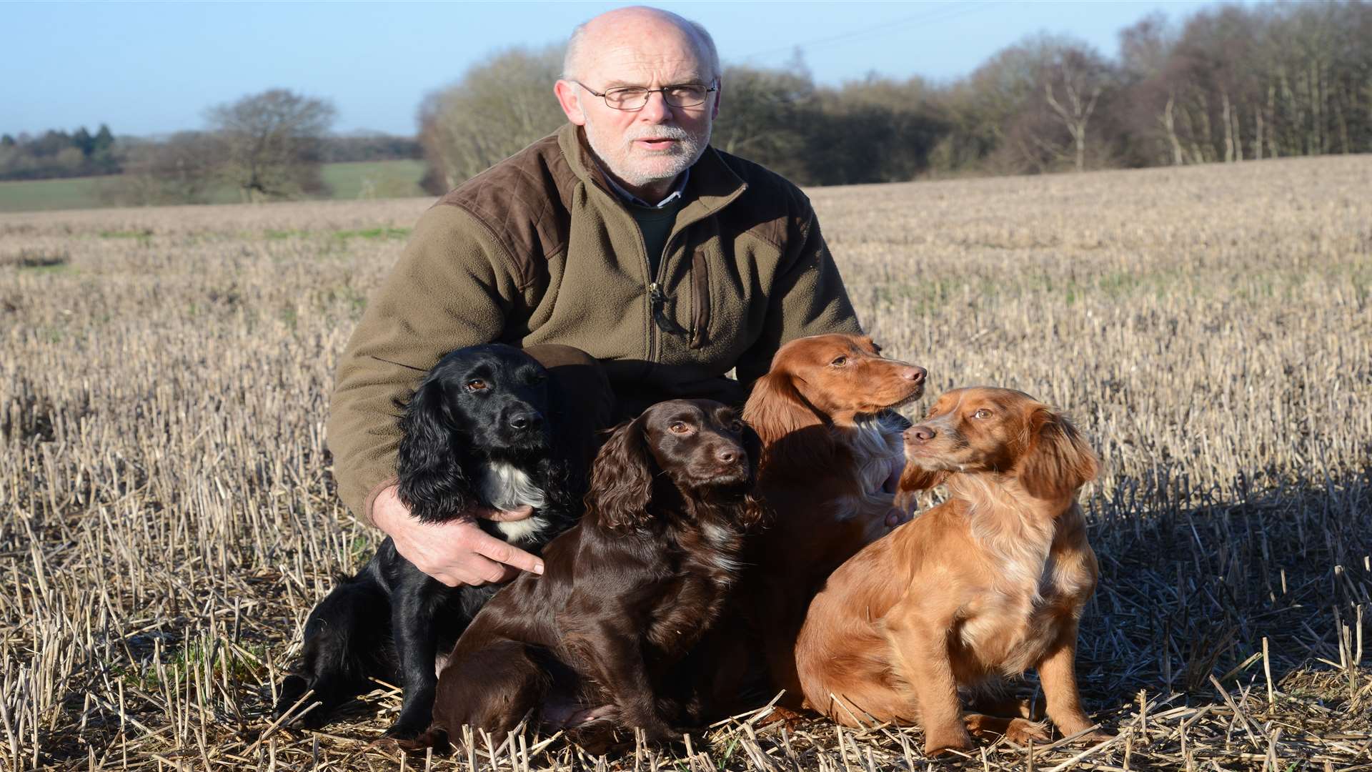 David Curtis with his cocker spaniels, Fizz, Wilf, Alfie and Harry Campaigning against speeding on rural roads after one of his dogs was killed by a courier van near his home Picture: Gary Browne FM4636021
