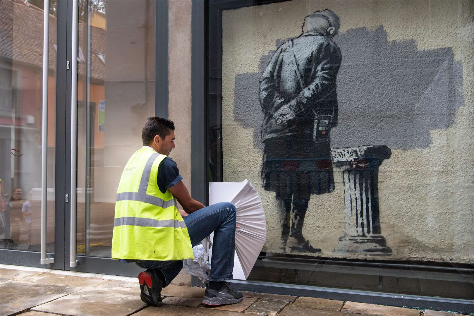 Art Buff, by street artist Banksy, has been re-installed in Folkestone, and is now in the Old High Street. Photo credit: Matt Crossick/PA Wire